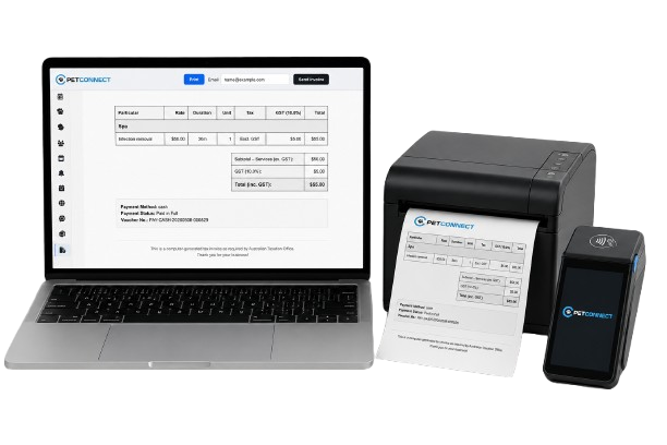 PetConnect billing — laptop invoice, printed receipt, and card terminal