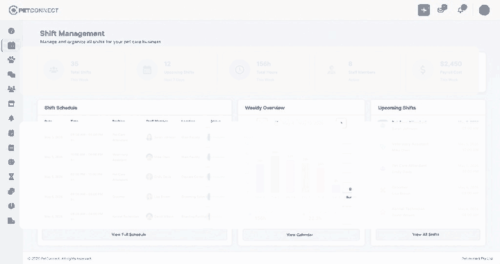 PetConnect shift management dashboard with schedule table, weekly hours chart, and upcoming shifts