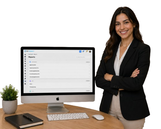 Manager beside iMac showing PetConnect Reports — appointments, pets, and business report categories