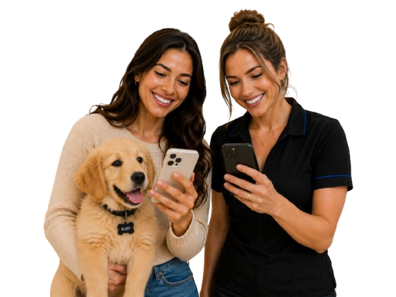 Pet owner and groomer using PetConnect on their phones with a golden retriever puppy
