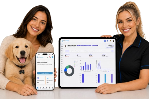 PetConnect mobile app and dashboard shown with happy users and a puppy