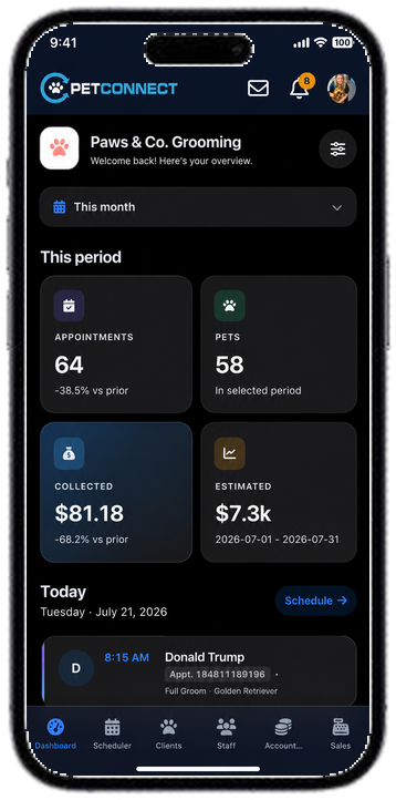 PetConnect mobile app — dashboard, scheduler, and retail