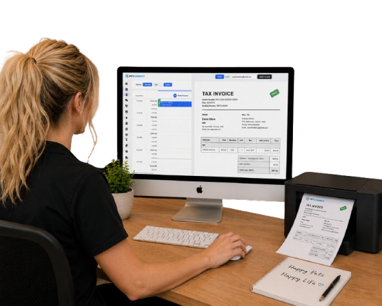 PetConnect billing — tax invoice on iMac, calendar, and printed receipt for a paid $86.00 invoice