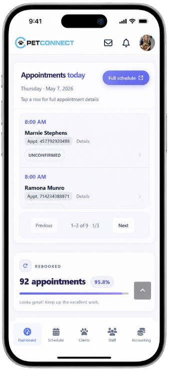PetConnect iPhone app dashboard