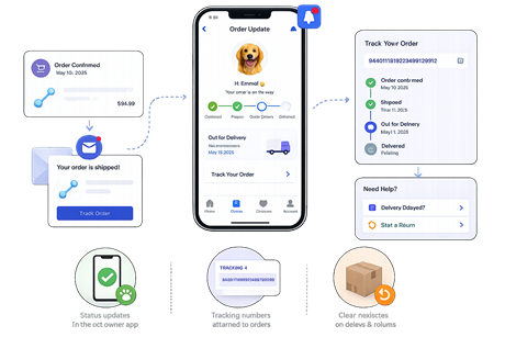 PetConnect order tracking in the pet owner app: status timeline, tracking number, shipment updates, and help for delays and returns