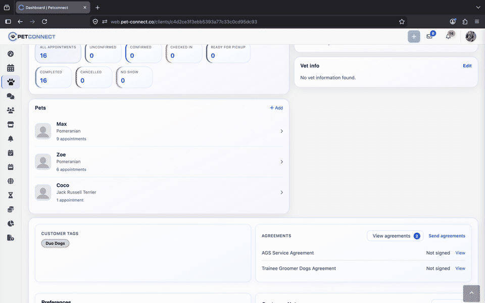 PetConnect client and pet profiles with past appointment history
