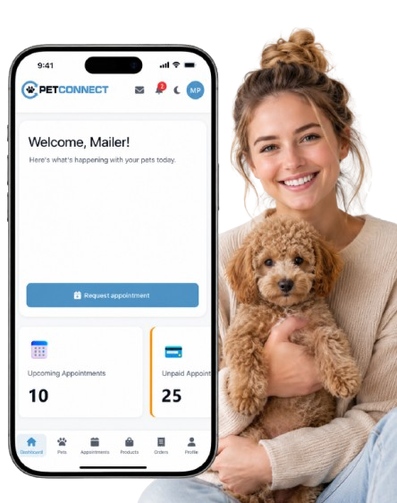 PetConnect pet owner app — dashboard with welcome, appointments, and navigation