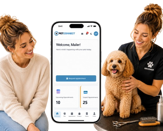 Illustration showing pet owners scheduling in PetConnect while groomers care for pets