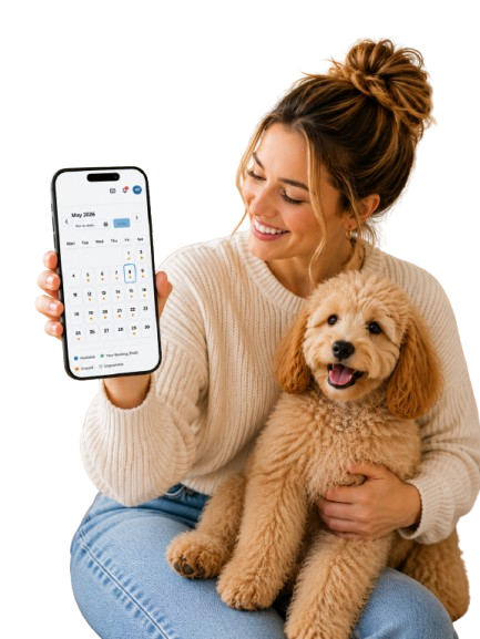 Pet owner with dog using PetConnect on phone — calendar with availability and booking status