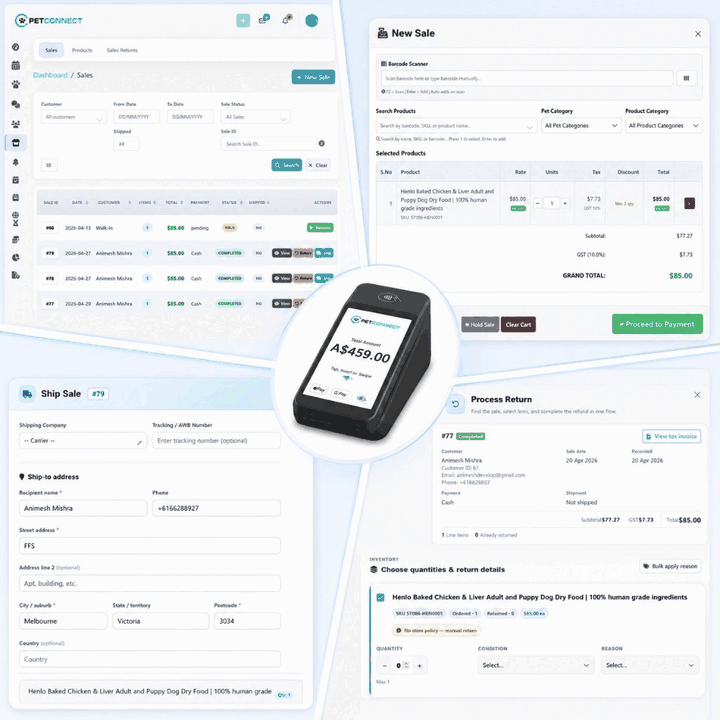PetConnect retail POS: sales list, new sale checkout, ship sale, and process return with payment terminal