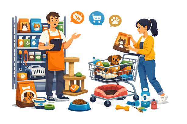 Illustration of a pet store — staff and customer with cart, shelves, and pet supplies