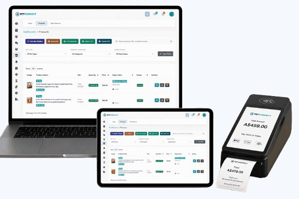 PetConnect retail products dashboard on laptop and tablet with catalog, stock, and POS actions