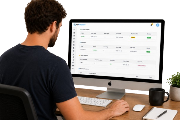 Staff reviewing PetConnect inventory and stock levels on a tablet