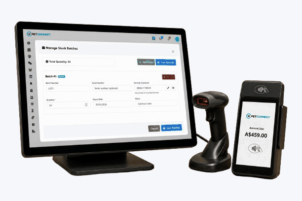 PetConnect retail stock: monitor with manage stock batches, barcode scanner, and payment terminal