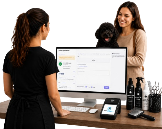 Groomer at reception using PetConnect on iMac to book an appointment with a pet owner and dog