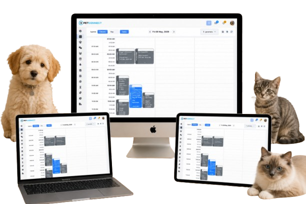 PetConnect scheduling calendar on iMac, MacBook and iPad — day view with groomer columns and pet appointments