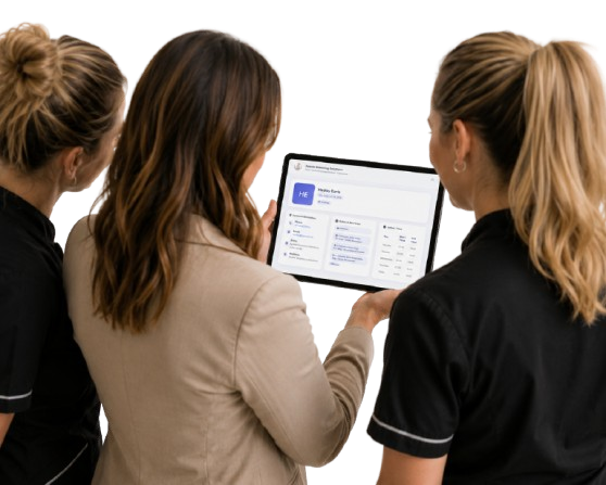 Team reviewing PetConnect staff profile on tablet — roles, contact, notes, and shift schedule