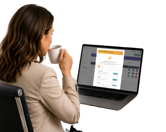 Manager on laptop configuring PetConnect staff permissions — appointment, admin, and financial access